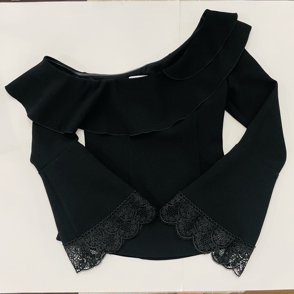 Black One Shoulder Ruffle Lace Trim Bell Sleeve Blouse Top - Picture 6 of 11